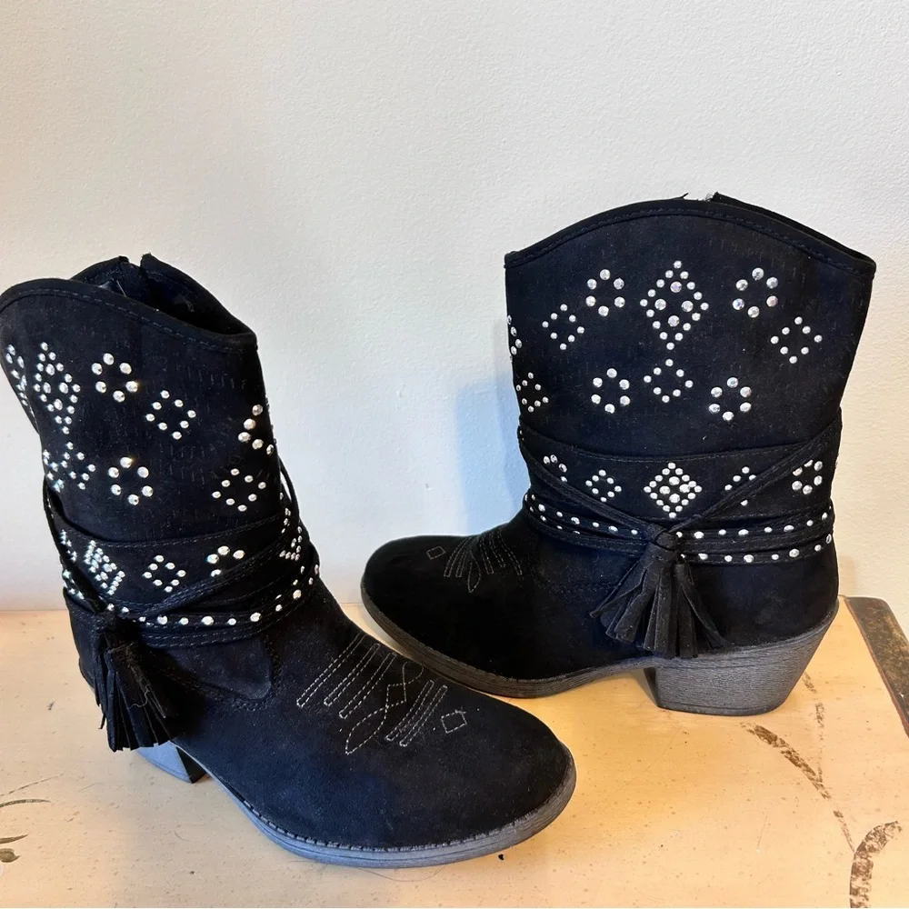 Justice Black Suede Silver Stud Boho Western Cowgirl Boots
